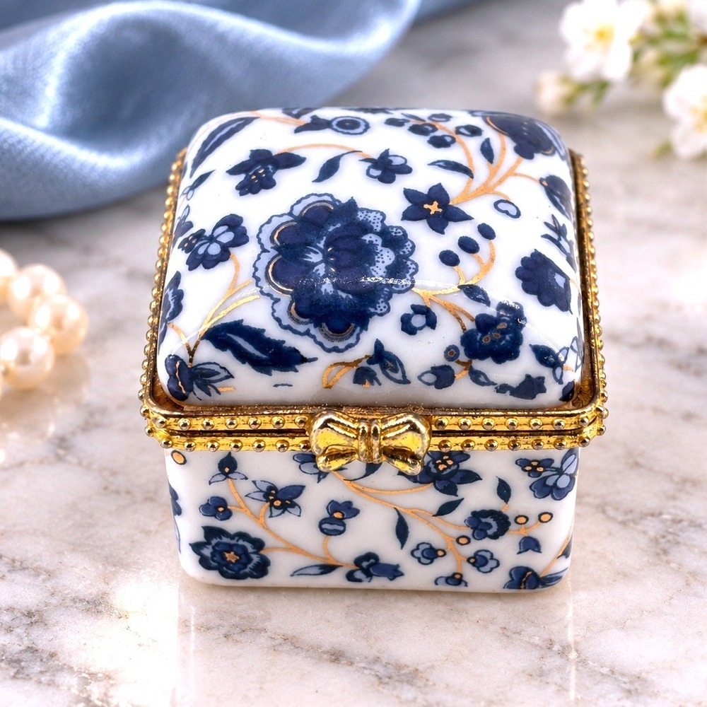 Vtg 80s Miniature 1.5" Porcelain Hinge Trinket Box Blue White Floral Gold-Tone